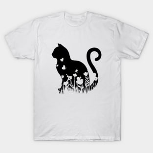 Flower Cat Silhouette Cute Kitty Cat Lover T-Shirt